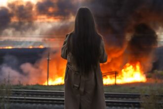 Woman,watching,the,wild,fire,burning,,back,view