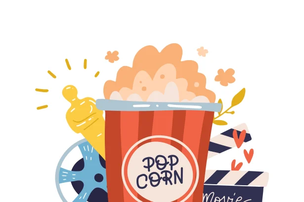 It s movie time print concept with lettering watching cinema with popcorn film reel movie cracker flat hand drawn illustration vector